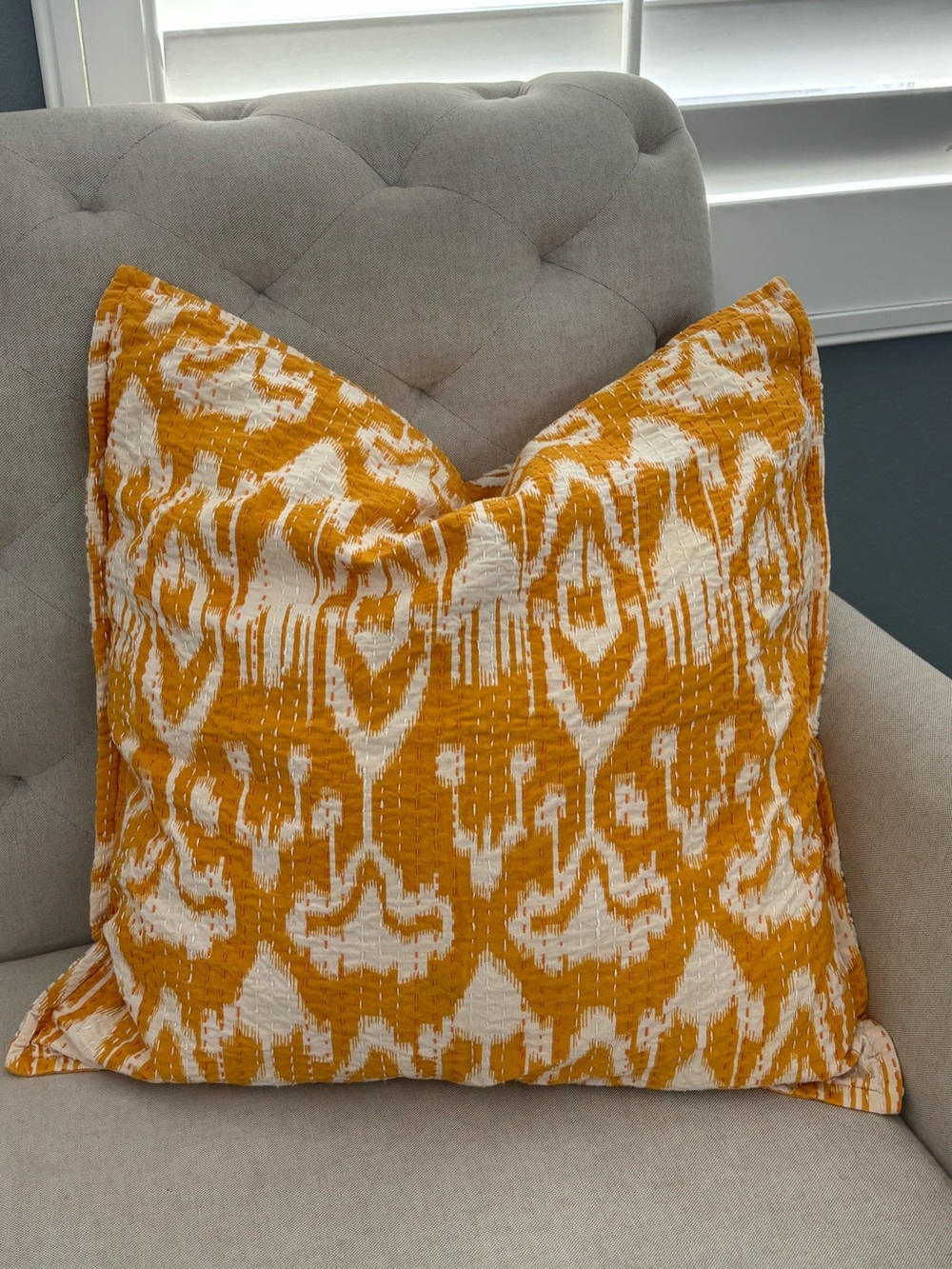 Pottery Barn mustard ikat embroidered pillow cover reversible 20x20